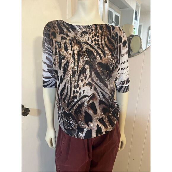 Cache Womens Medium Animal Print Top Black Tan Cold Shoulder 3/4 Sleeves Flowy - Picture 2 of 9